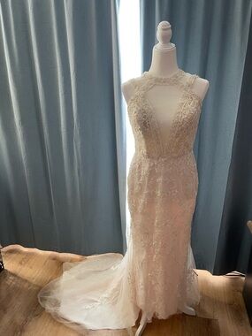 Adriana Papell Platinum Elegant Ivory Lace Bridal Gown with Illusion Plunge